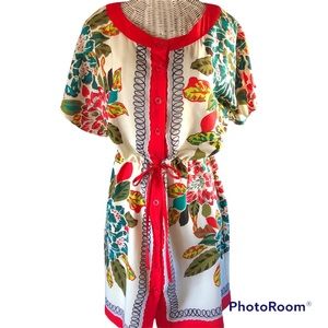 EUC Floral Gathered Waist Lined 100% Polyester Big Floral Button Down Mi…